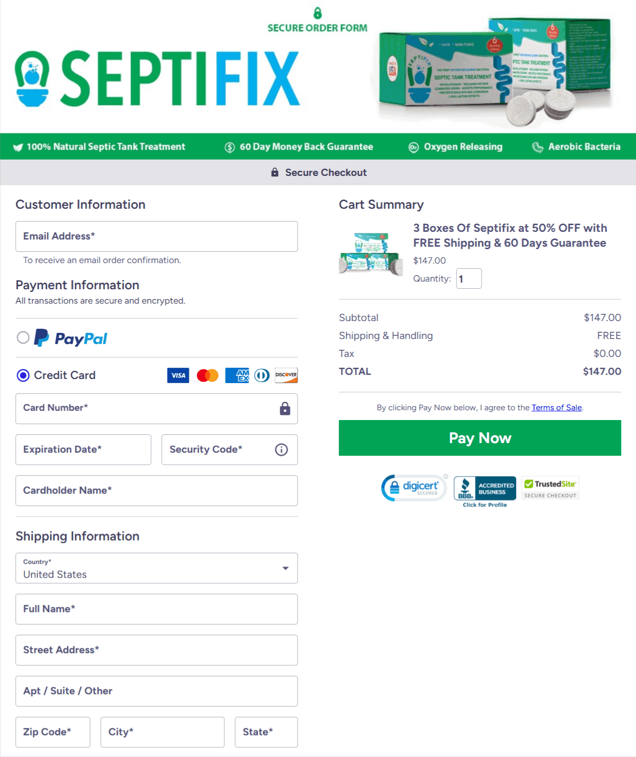 Septifix Checkout page